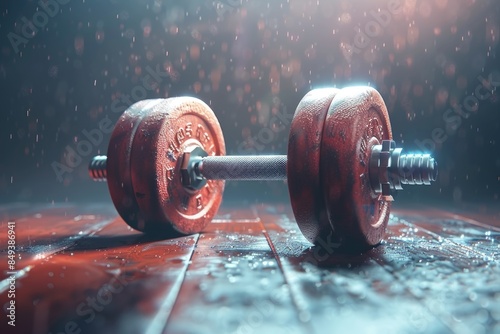A pair of dumbbells sitting on a wooden floor, ideal for fitness and exercise imagery