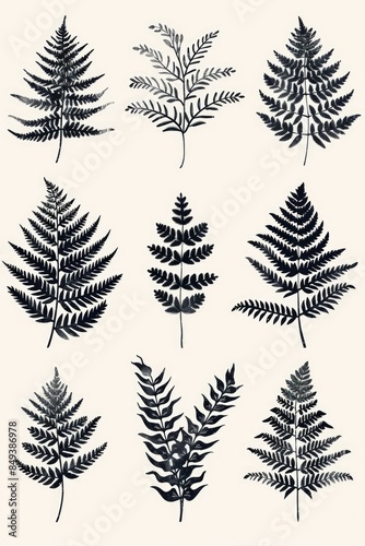A collection of six different types of fern leaves, showcasing their unique shapes and textures