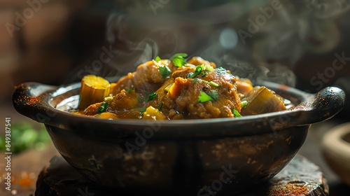 A picturesque serving of Angolan moamba de galinha with chicken, palm oil sauce, and okra, served in a traditional bowl, steam rising, rustic kitchen background, natural daylight photo