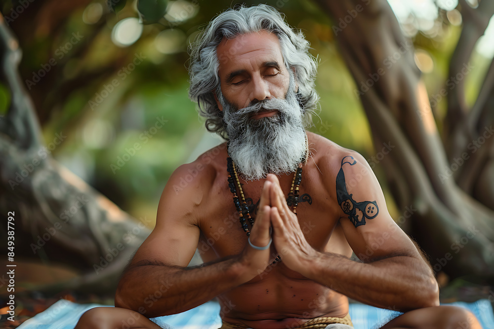 A 50-year-old man with gray beard and hair, fit body, practicing yoga outdoors for a healthy lifestyle.