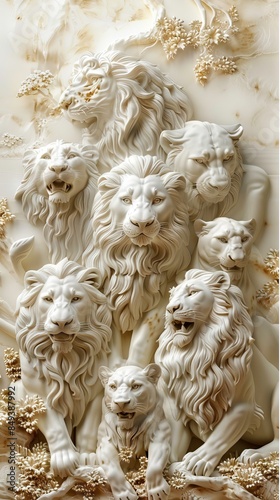 Beautiful lions 3d relief wallpaper. Mural wallpaper. Wall art. AI generated illustration. © moon