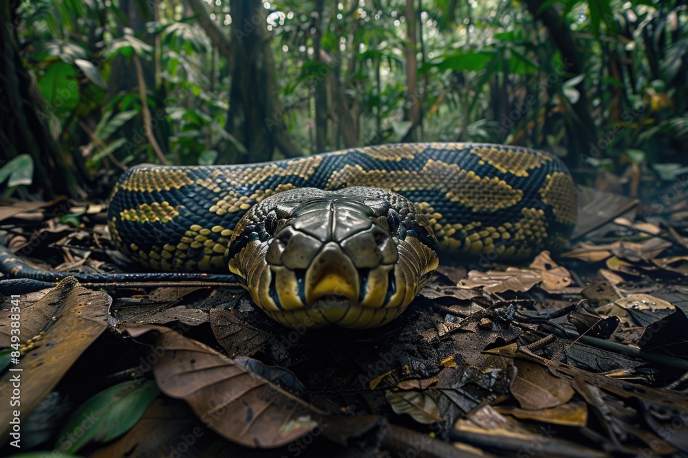 Naklejka premium A large snake lays on the forest floor, surrounded by trees and underbrush