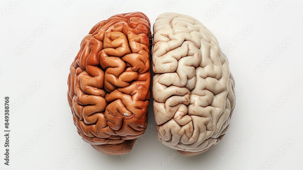 Idea of left and right sides of the human brain on a white backdrop, Generative AI. Idea of left and right sides of the human brain on a white backdrop, Generative AI.