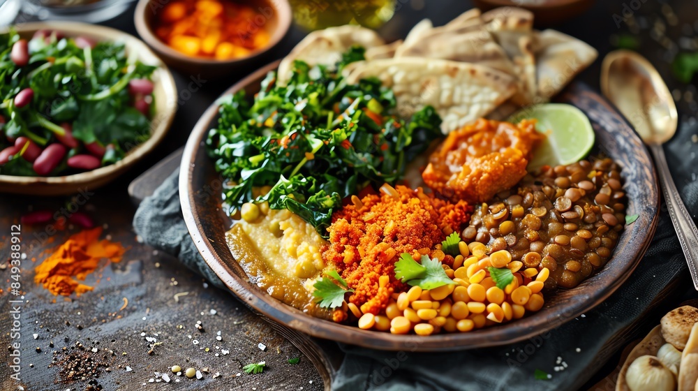 A plate of Ethiopian Misir Wat with spicy red lentil stew served on injera bread with a variety of vegetable sides like collard greens and yellow split peas A plate of Ethiopian Misir Wat with spicy red lentil stew served on injera bread with a variety of vegetable sides like collard greens and yellow split peas