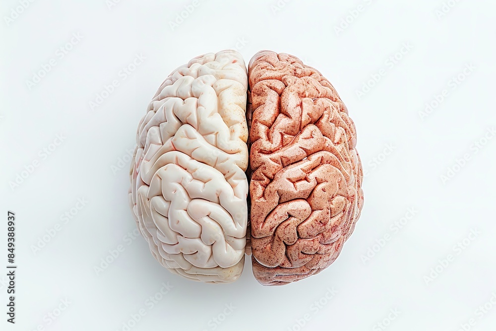 Idea of left and right sides of the human brain on a white backdrop, Generative AI. Idea of left and right sides of the human brain on a white backdrop, Generative AI.