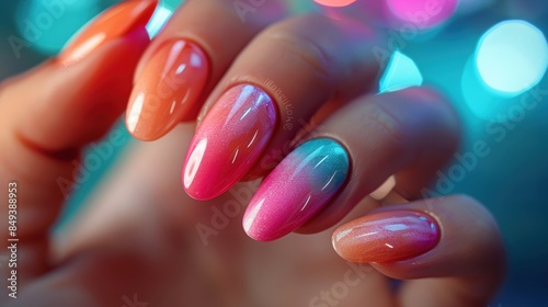Close-up of a hand showcasing a colorful gradient manicure with glossy finish against a bokeh background. Nail art, beauty, fashion.