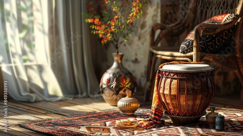 In the calm interior, the tabla is an Indian musical instrument, Generative AI.