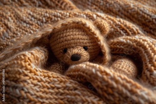 A cuddly bear is wrapped in a soft blanket, perfect for snuggling and comfort