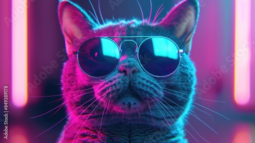 A cat sitting in front of a neon-lit background, wearing sunglasses