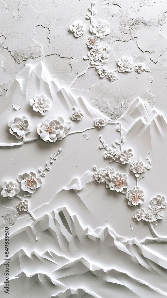 Beautiful mountain 3d relief wallpaper. Mural wallpaper. Wall art. AI generated illustration.