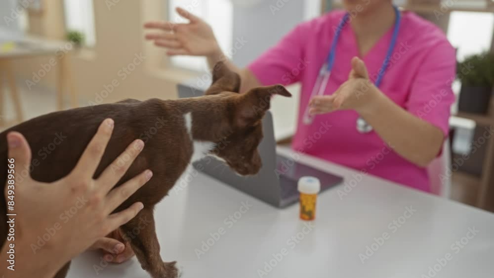 A female veterinarian examines a dog at a clinic, showcasing a workplace setup with a laptop and prescription bottle on the table. A female veterinarian examines a dog at a clinic, showcasing a workplace setup with a laptop and prescription bottle on the table.