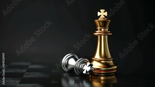 On a black background, a gold king chess piece defeats a lying down silver pawn, Generative AI.