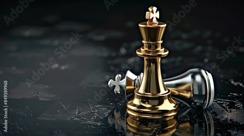 On a black background, a gold king chess piece defeats a lying down silver pawn, Generative AI.