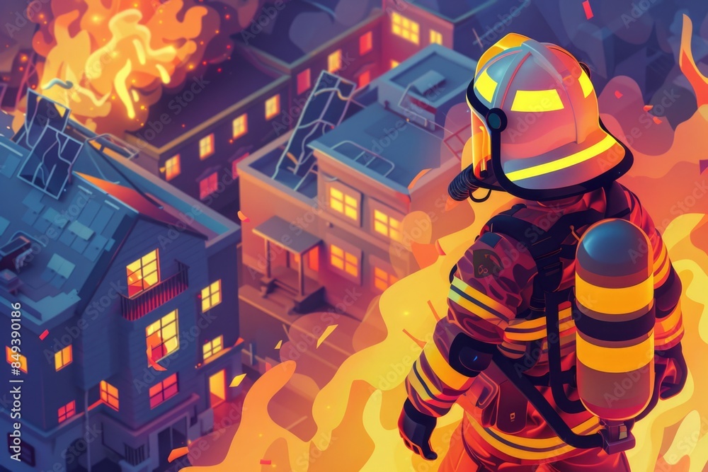 A fireman stands in front of a burning city, ready to take action A fireman stands in front of a burning city, ready to take action