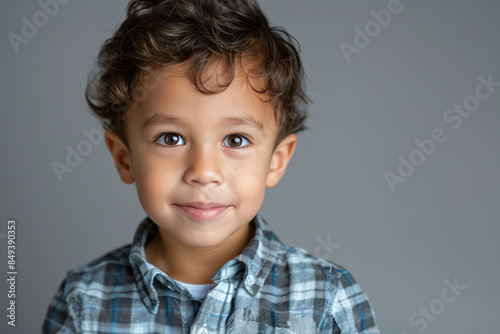Latino Hispanic Cute Little Boy Isolated on a gray Background Adorable Child Smiling Happy Playful Stylish Innocent Youthful Ethnic Cultural Portrait Studio Photography Bright Cheerful Fashionable