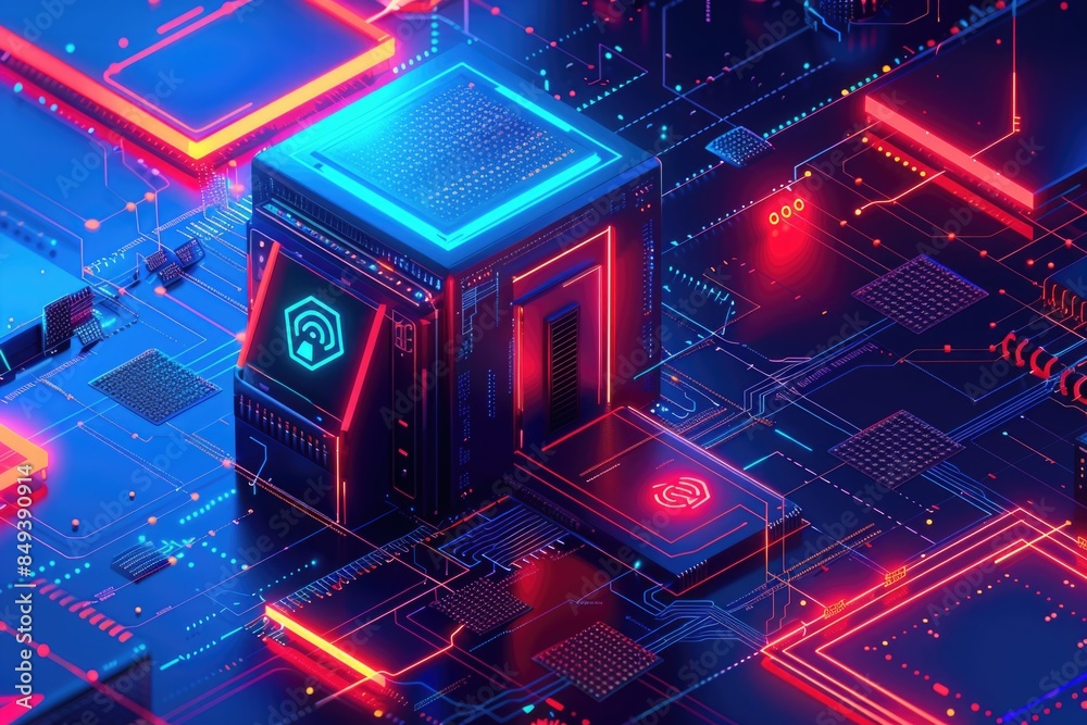 Fototapeta premium A close-up view of a computer tower surrounded by various electronic components, such as cables, fans, and accessories