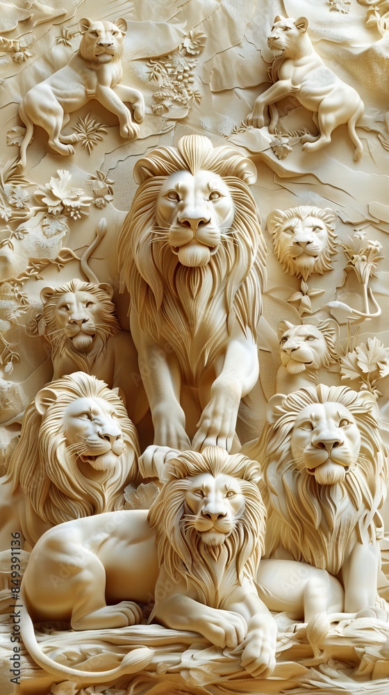 Beautiful lions 3d relief wallpaper. Mural wallpaper. Wall art. AI generated illustration. Beautiful lions 3d relief wallpaper. Mural wallpaper. Wall art. AI generated illustration.