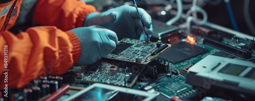 Technician hands are repairing the smartphone in the lab, technology concept banner, generative AI.