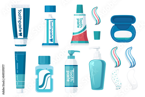 Set of dental care products toothpaste mouth wash floss with mint flavored vector illustration isolated on white background