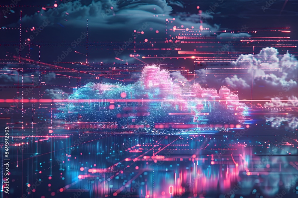 Obraz premium A digital representation of cloud computing with colorful lines and dots visualizing data processing and AI operations within a cloud formation. Generative AI