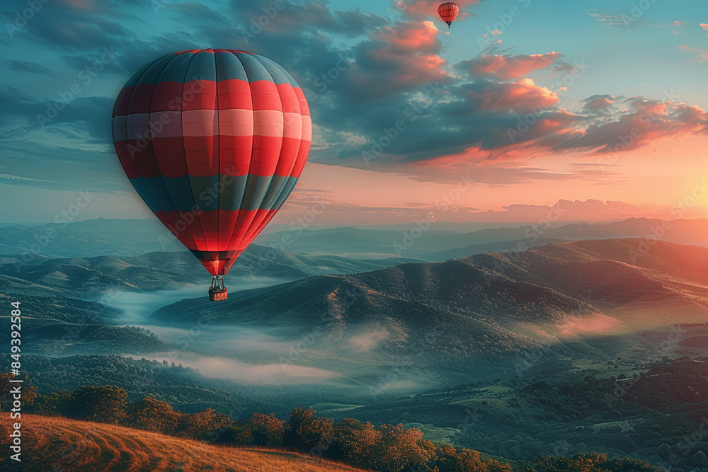 Fototapeta premium A colorful hot air balloon floating above a rural landscape
