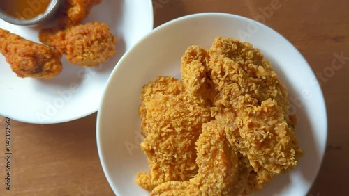Rotating Plate of Crispy Fried Chicken - Golden Crunchy Texture Close Up