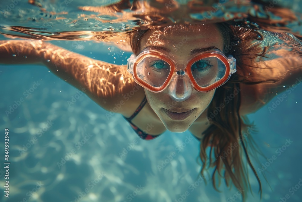 Fototapeta premium A person swimming laps in an indoor pool, wearing goggles for clear vision