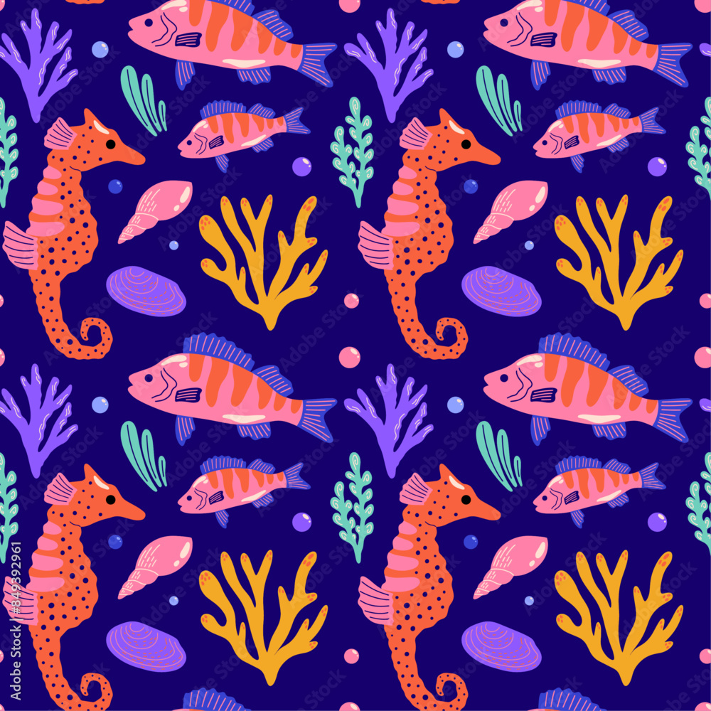 Seamless vector pattern with underwater sea and ocean animals, fishes, corals, seaweed, algae, seahorse, plants colorful cartoon illustration for wrapping paper decoration in funky groovy style Seamless vector pattern with underwater sea and ocean animals, fishes, corals, seaweed, algae, seahorse, plants colorful cartoon illustration for wrapping paper decoration in funky groovy style