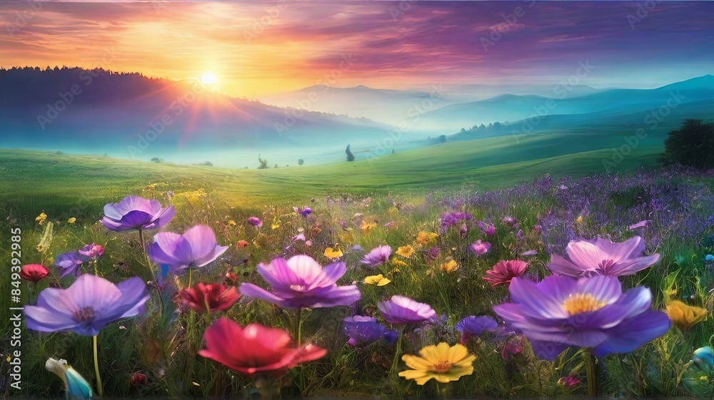 Obraz premium A beautiful sunrise over a valley filled with wildflowers. The mist and fog create a magical and ethereal atmosphere
