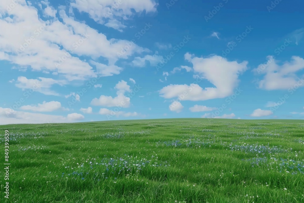 Field of lush green grass featuring vibrant blue flowers Field of lush green grass featuring vibrant blue flowers