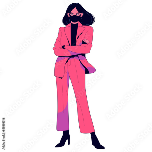 Beautiful young woman in a bright pink suit, jacket, heels. Face mask. Fashionable. Vector illustration isolated on white background. Female spy, celebrity. Hand drawn style art. Menacing look.
