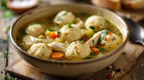A traditional bowl of chicken matzo ball soup photo