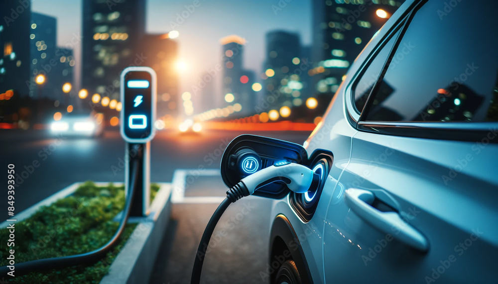 A car is being charged at a charging station in a city. The city is lit up at night, creating a moody atmosphere A car is being charged at a charging station in a city. The city is lit up at night, creating a moody atmosphere