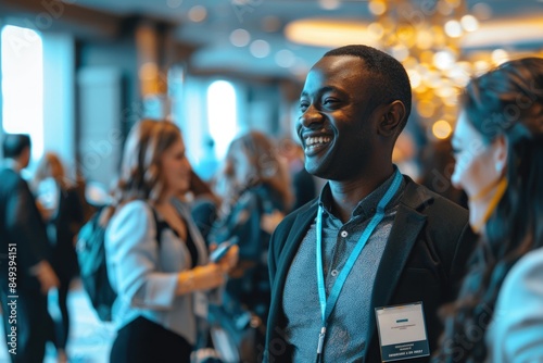 A group of multicultural business people at an event smiling and interacting with each other