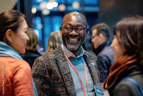A group of multicultural business people at an event smiling and interacting with each other