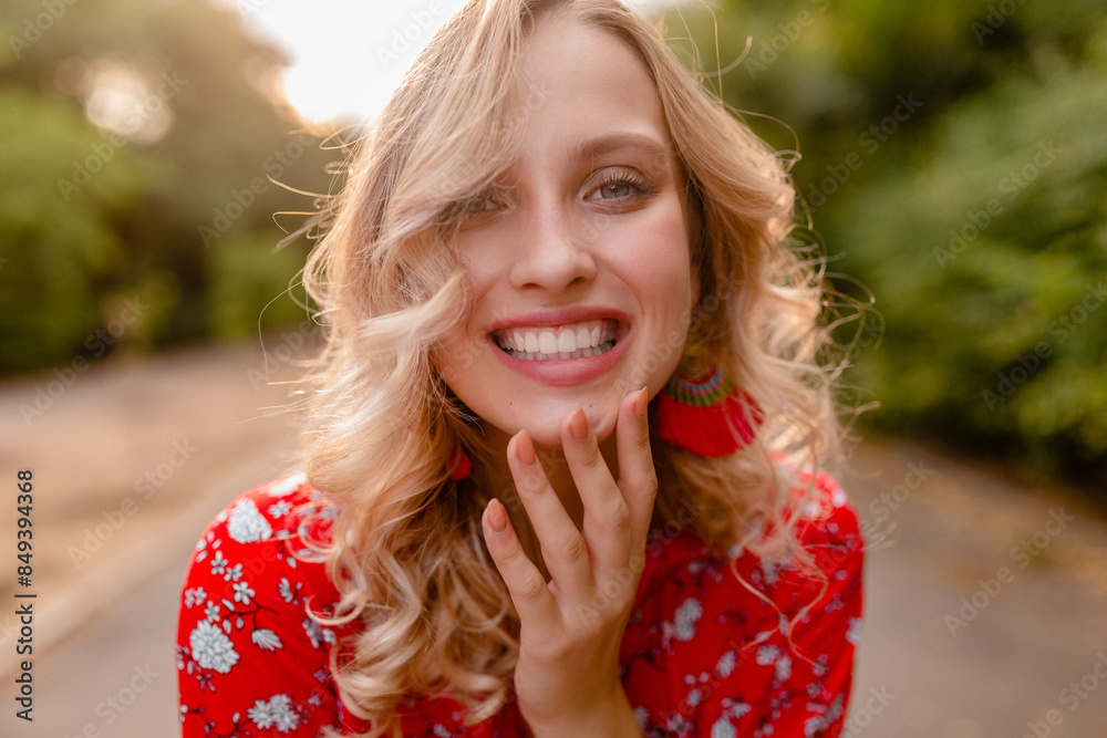 attractive stylish blond smiling woman in straw red blouse summer fashion attractive stylish blond smiling woman in straw red blouse summer fashion