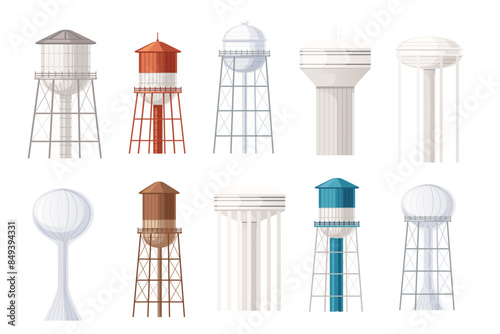 Set of Metal water tower with oval water tank countryside water reservoir infrastructure vector illustration isolated on white background