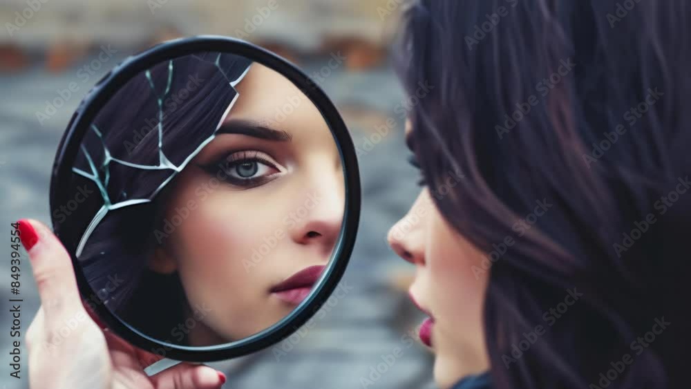 Young woman reflecting beauty in broken mirror