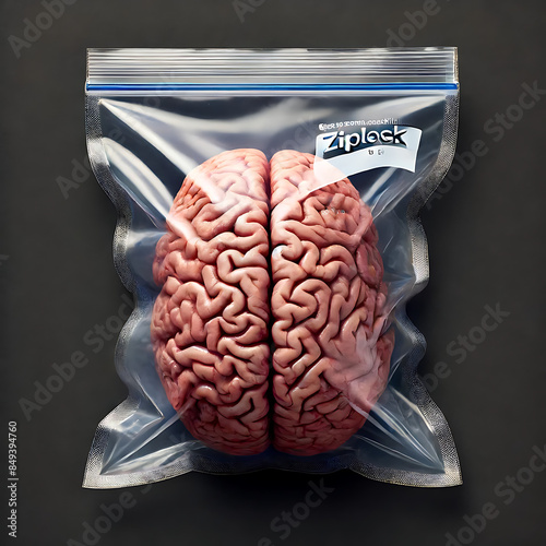 Translucent ziplock bag with a brain inside