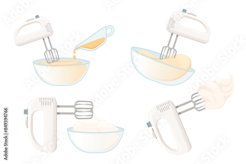 Set of electric mixer with dough bowl baking kitchenware vector illustration isolated on white background