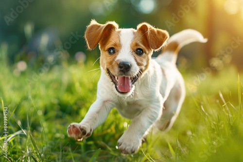 A brown and white dog in motion, running through a lush green grassy area
