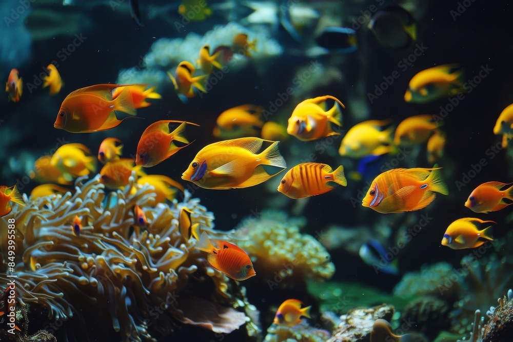 Naklejka premium Vibrant Coral Reef: Colorful Tropical Fish and Exotic Underwater Life in Clear Ocean Waters - Snorkeling and Scuba Diving Adventure in a Diverse Marine Ecosystem