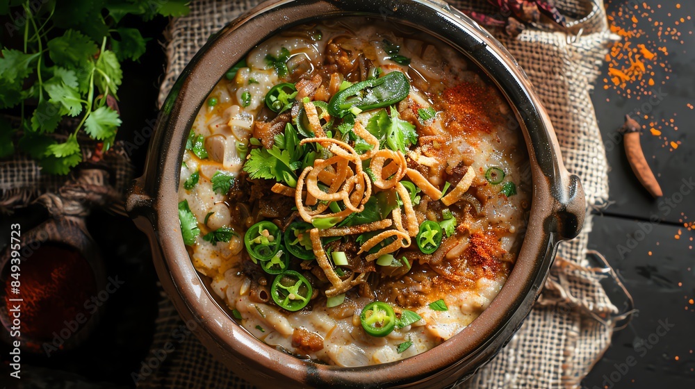 A traditional serving of Haleem in a clay pot A traditional serving of Haleem in a clay pot