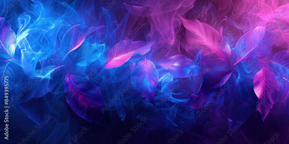 Obraz premium A dreamlike depiction of leaves in shades of blue and pink, swirling in a mystical, smoky environment, combining nature with an ethereal quality.
