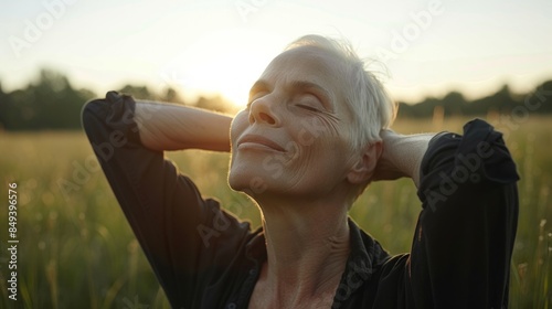 Smiling mature senior woman with short gray hair and eyeglasses walking on street, rural scene