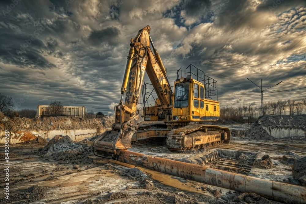 A yellow excavator sits atop a pile of dirt, ready for construction work A yellow excavator sits atop a pile of dirt, ready for construction work