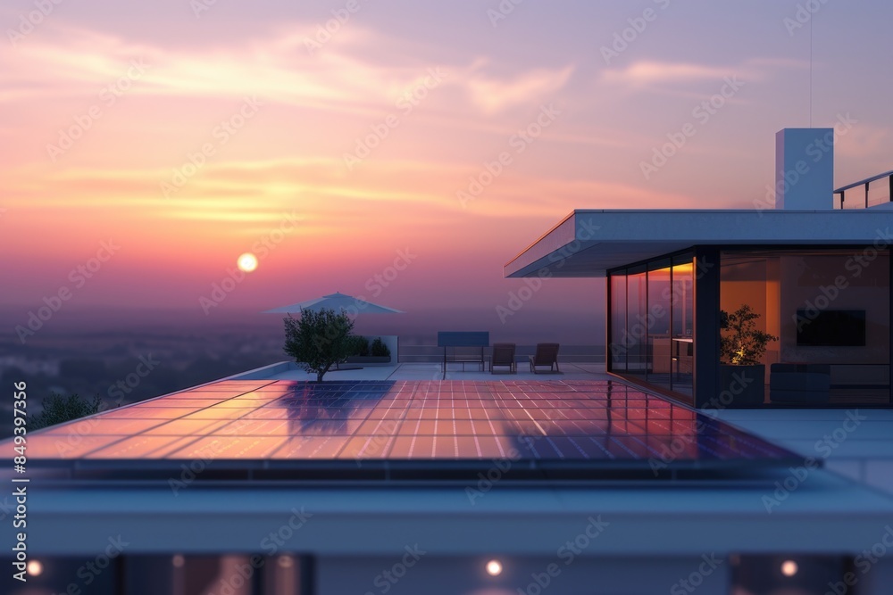 A serene sunset scene on top of a house, ideal for use in travel or lifestyle images A serene sunset scene on top of a house, ideal for use in travel or lifestyle images