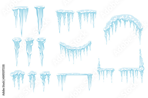 Set of Blue and white Icicles spiked sharp ice vector illustration isolated on white background