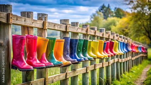 Multi-colored rubber boots hanging on a wooden fence in a rural area , rubber boots, galoshes, colorful © Sompong