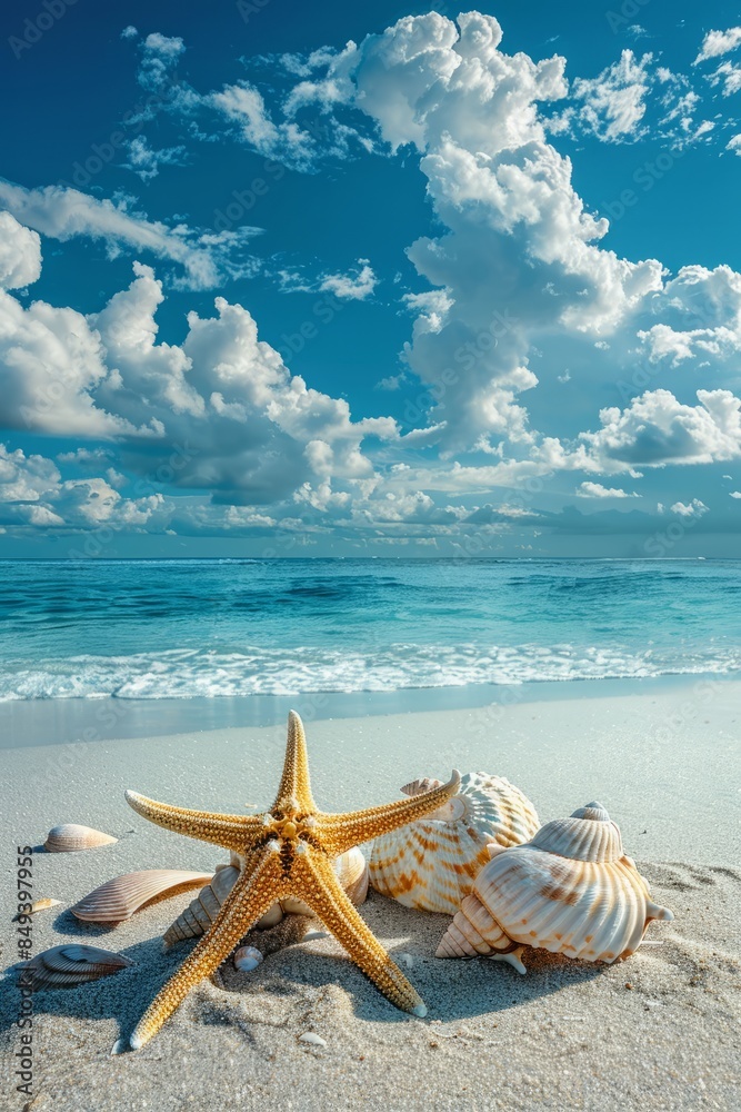 Photorealistic photo, white sand beach, starfish and seashells, blue sky and white clouds, sea as the background Photorealistic photo, white sand beach, starfish and seashells, blue sky and white clouds, sea as the background